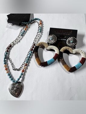 Shyanne Turquoise Multicolor Beaded Heart Necklace & Heart Hoop Earrings